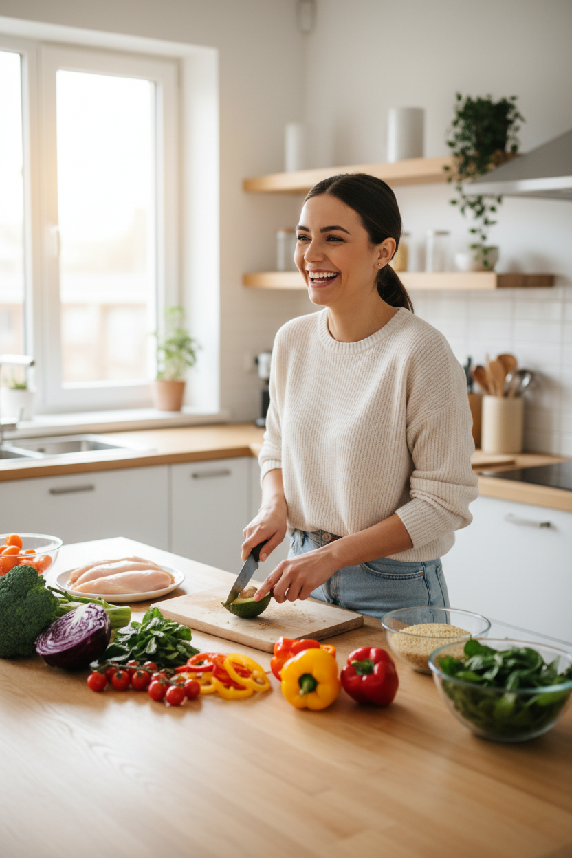 Mujer cocinando feliz y con energía
