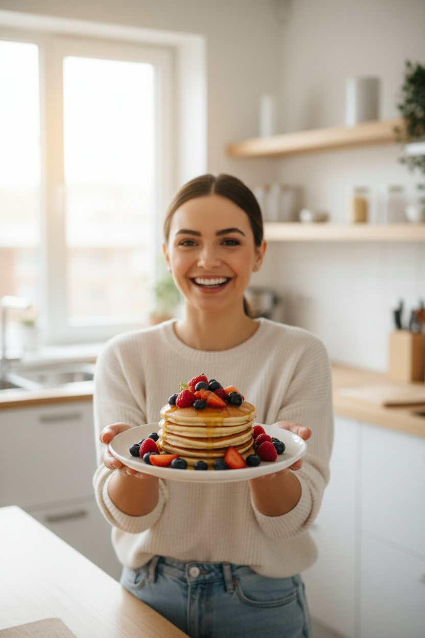 Mujer con plato dulce apetitoso